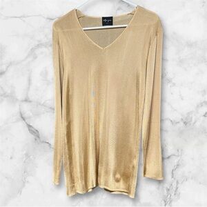 Stefan Green champagne Gold V-Neck knit Long Sleeve going out Top blouse medium